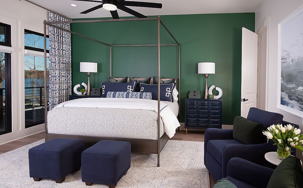 A lakeside bedroom with a small footprint becomes a vibrant lakeside retreat.