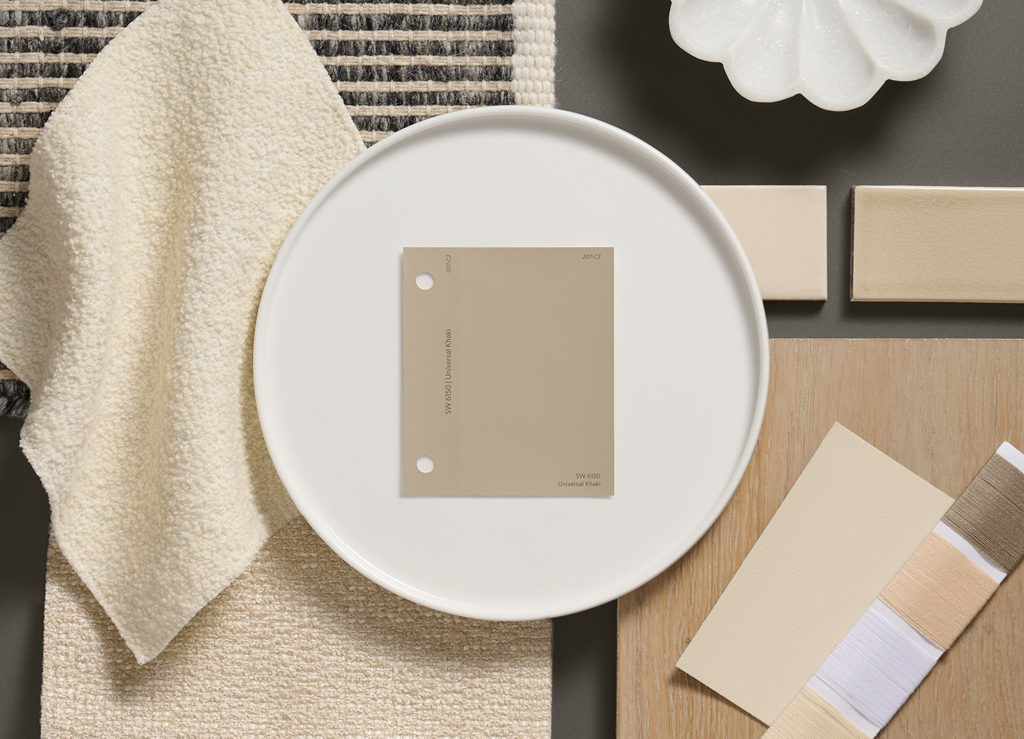 Create a monochromatic scheme, putting Universal Khaki at the center of attention. The result is a peaceful area that feels full of life.