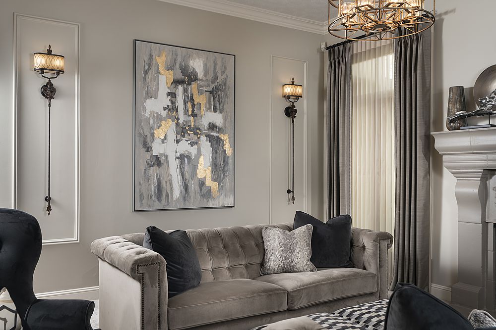 Universal Khaki, Sherwin-Williams 2026 Color of the Year, is shown in this traditional living room.